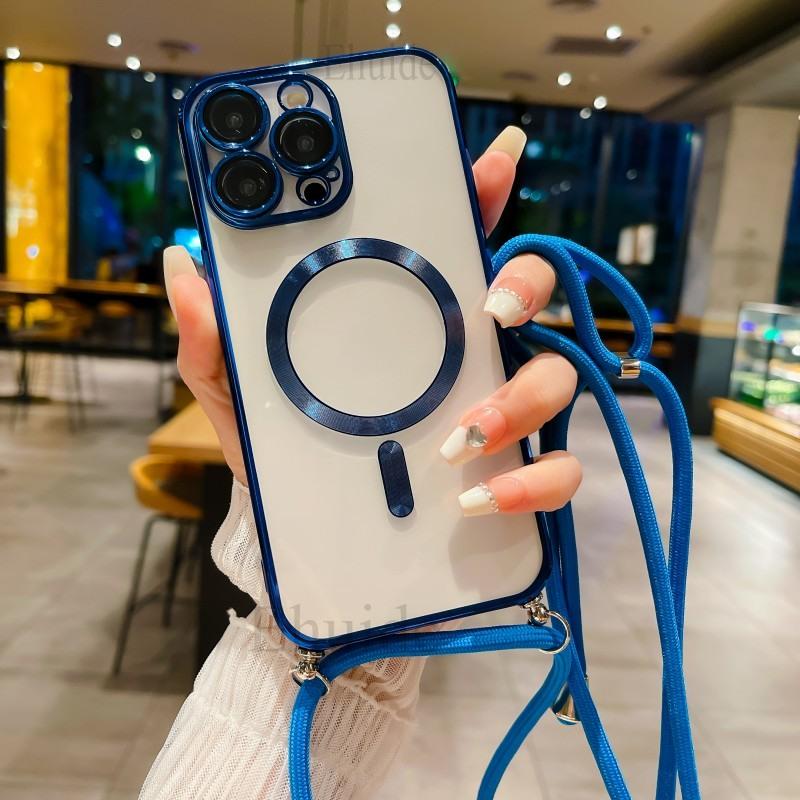 Magnetic Case For iPhone 17 16 14 13 12 11 Pro X XS Max 15 Plus Magsafe Transparent Plating Strap Crossbody Lanyard Neck Cover