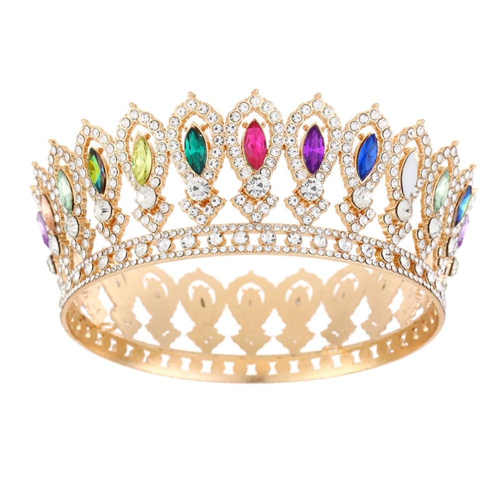 Round Princess Queen Tiara European Crystal Full Crown Metal Bridal Wedding Crowns  Birthday Party