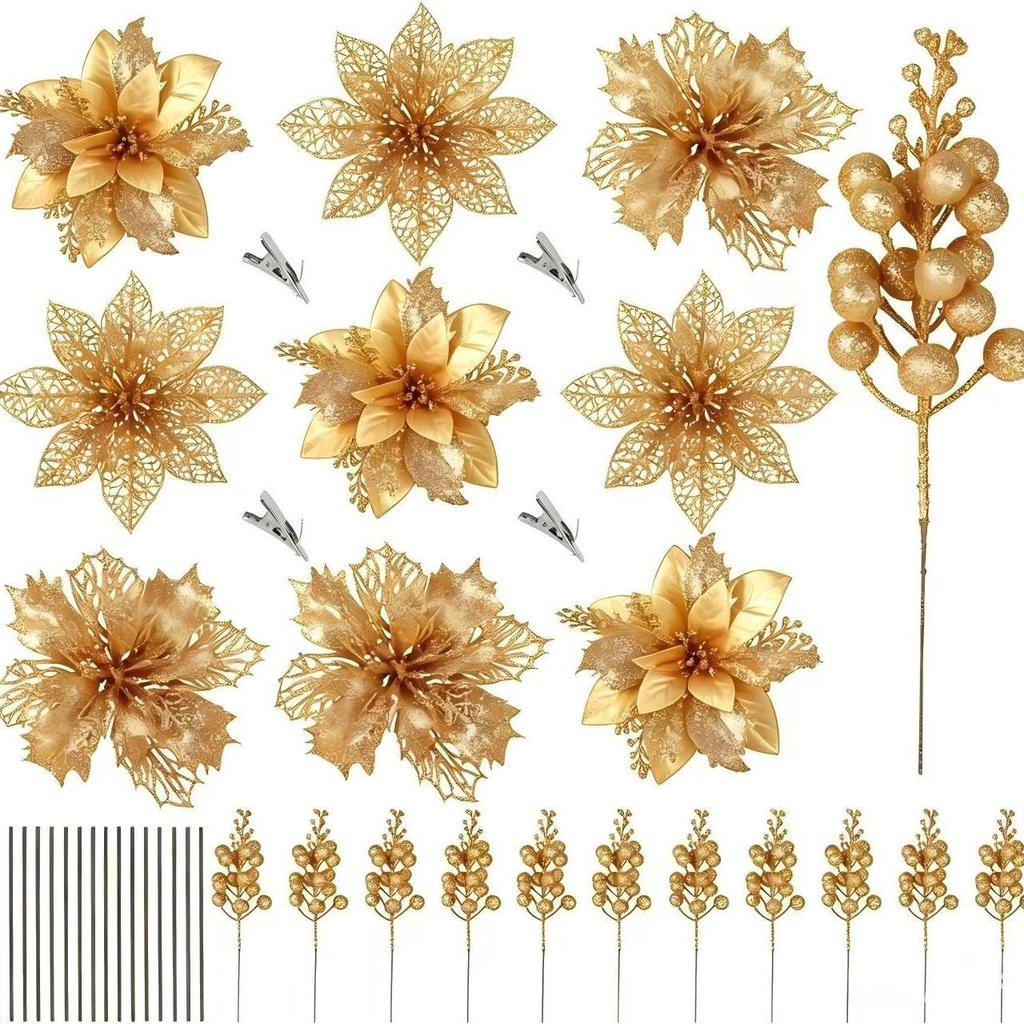 Christmas Handmade Gold & Silver Flower Ornaments with Gold Powder Fruit - Artificial Holiday Decoration Set