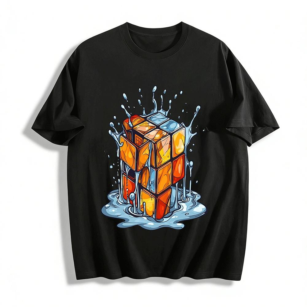 Melting Rubik s Cube Print Tee Trendy Streetwear For Men Women Pure cotton T-shirt XXS