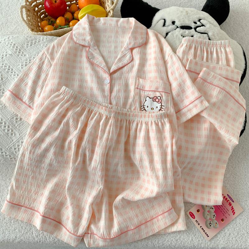 Cute Pink Grid Short-Sleeved Pajamas Women'S Summer Cloud Cotton Three-Piece Set Thin Loungewear