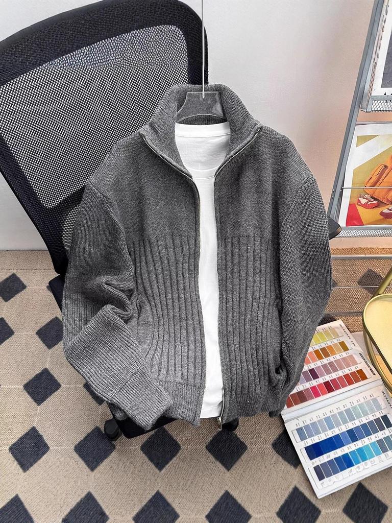 Men's Thick Knit Zipper Sweater - Solid Color, Half-High Collar, Autumn/Winter Pullover, Loose Fit Floral Thread Design