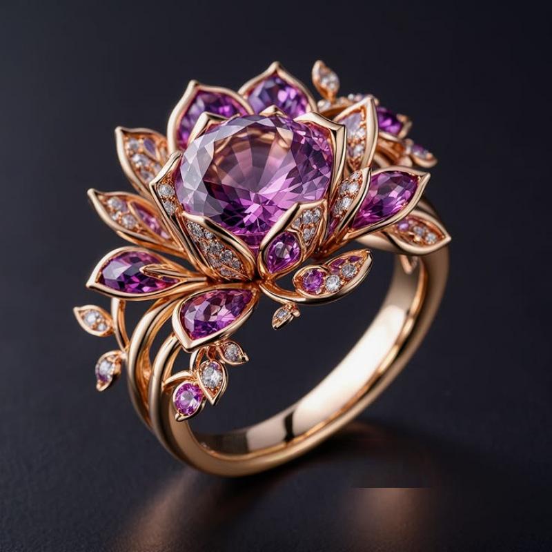 Vintage Gorgeous Pink Synthetic Zirconia Lotus Handmade Ring Women's Elegant Delicate Dating Engagement Jewelry Accessories Gift