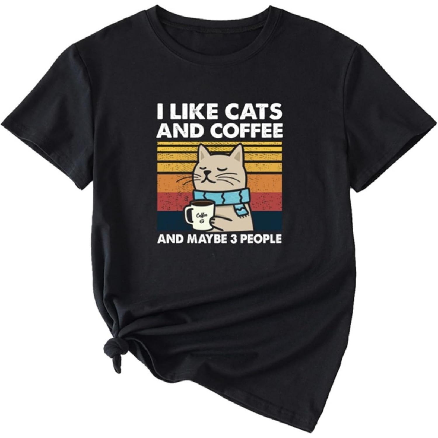 

YORAURT I Like Cats and Coffee and Maybe 3 PEO[le Shirt for Women Crew Neck Casual T-Shirt Cute Cats Graphic Tees Tops, Black, Medium XXXXXL різнокольоровий