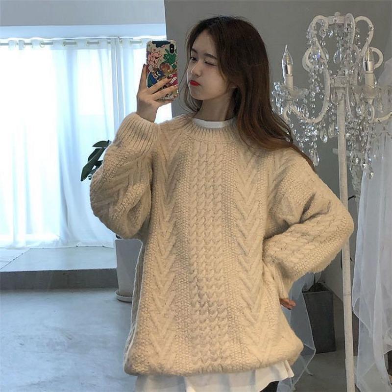 Thickened soft waxy gentle sweater women's autumn and winter top loose retro lazy twist bottomed knitted sweater jacket