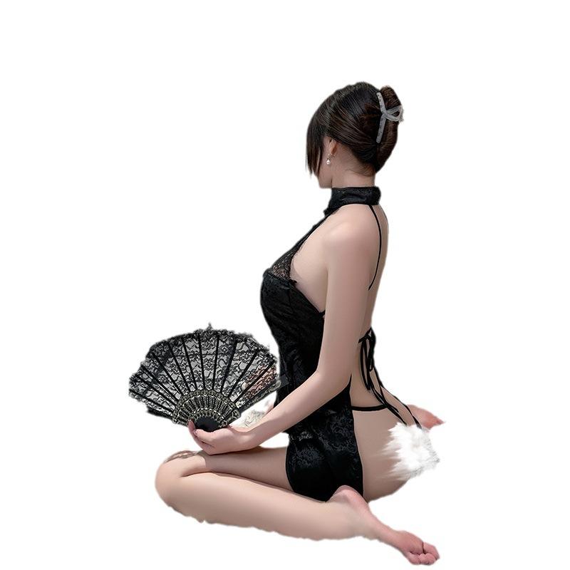 Sex underwear cheongsam women's new retro style Guochao small chest perspective free split fork large size backless sexy suit