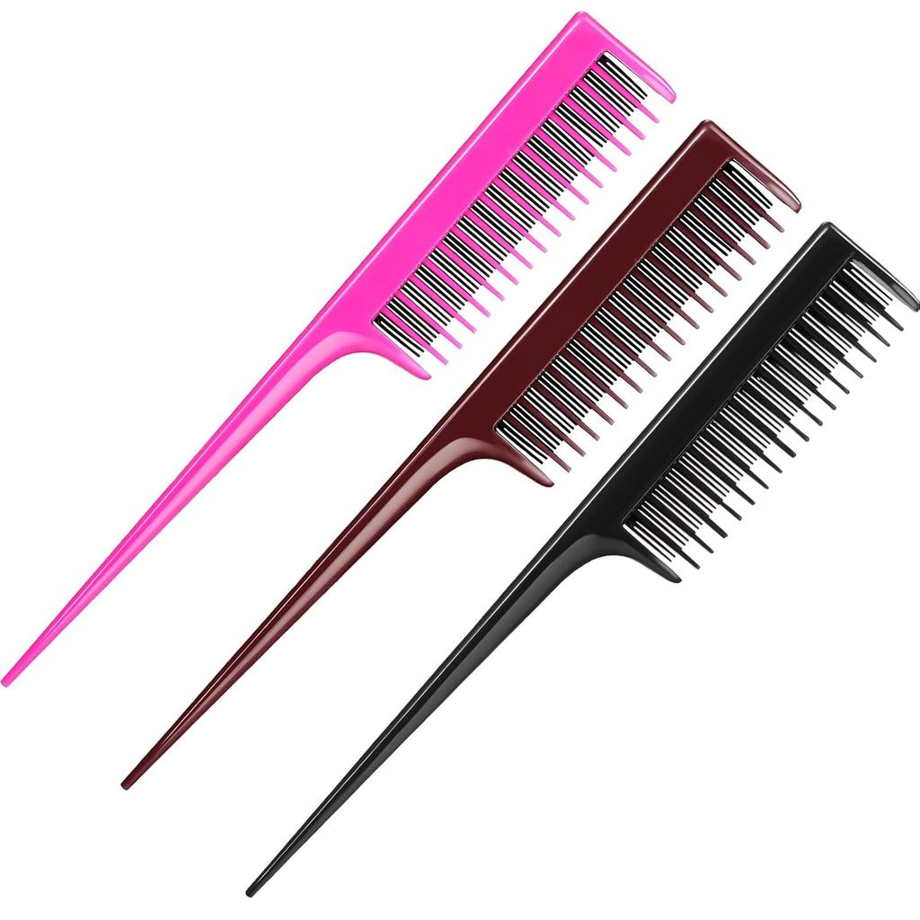 Leinuosen 3 Pcs Triple Teasing Comb for Women Plastic Rat Tail Comb Heat Resistant Pintail Tease Layer Tool for Thick Fine Hair Styling Backcombing