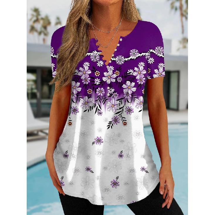 Simple Women'S Short Sleeve 3D Flower Print Clothes Beautiful V Neck Short Sleeve T-Shirt Trendy Fashion Women'S Streetwear