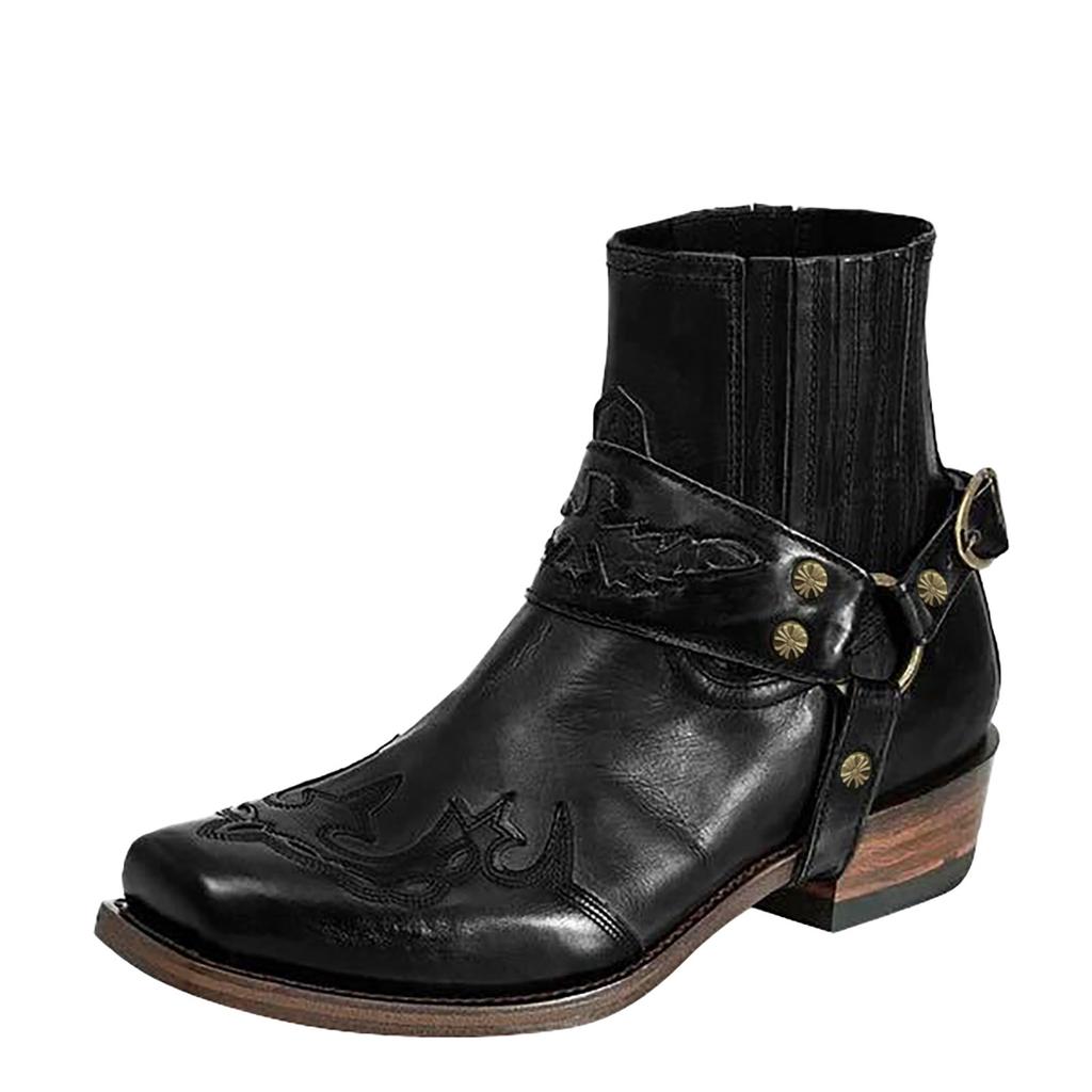 Men's Motorcycle Boots Retro Square Toe Cowboy Short Boots Horse Gear Boots