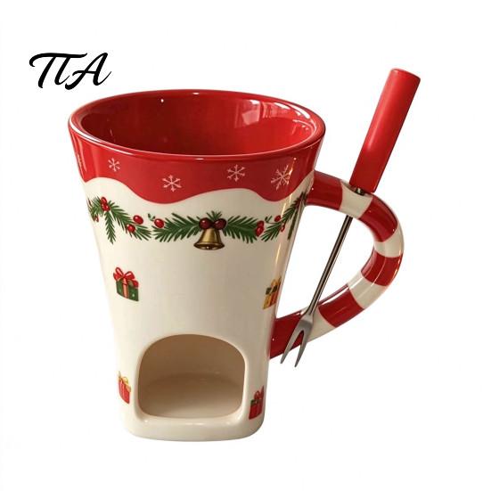 Holiday Themed Snack Server Christmas Chocolate Fondue Mug with Tea Light Warmer & Forks, 155ml Ceramic Melting Tabletop Pot for Cheese Caramel, Party
