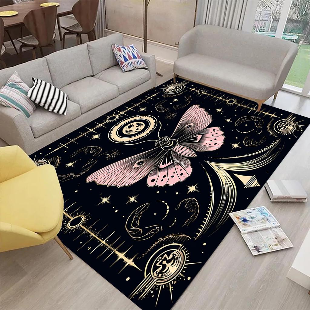 Butterfly Area Rug for Living Room Bedside, Gothic Moth Doormat Astrology Style Carpet Boho Exotic Starry Sky Indoor Floor Mat