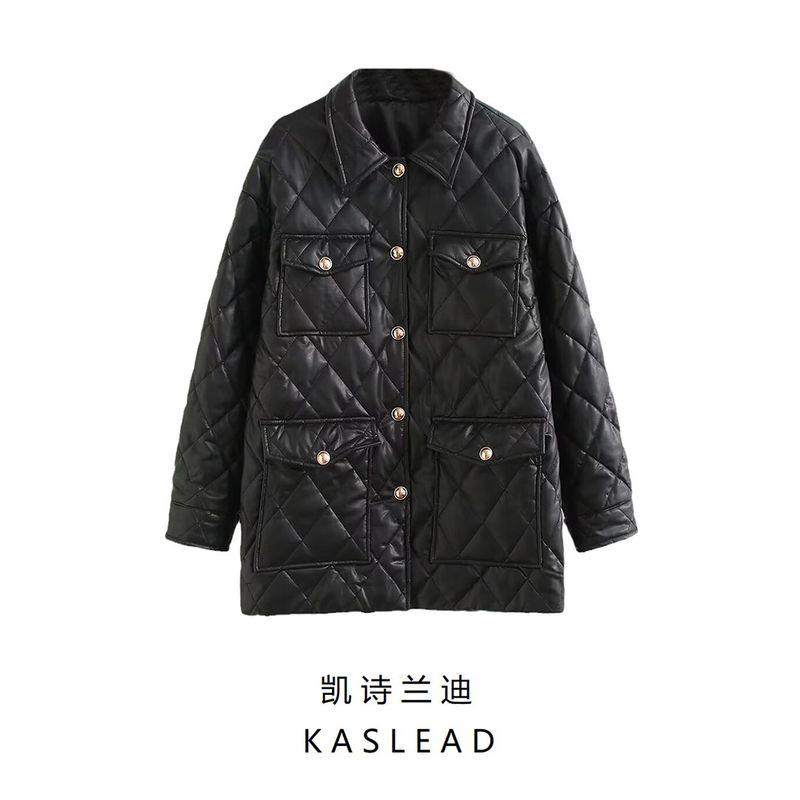 Kaslead New Women Clothes Western Style Fashion Simple and Versatile Pocket Decoration Imitation Leather Cable Cotton-padded Jacket Outerwear