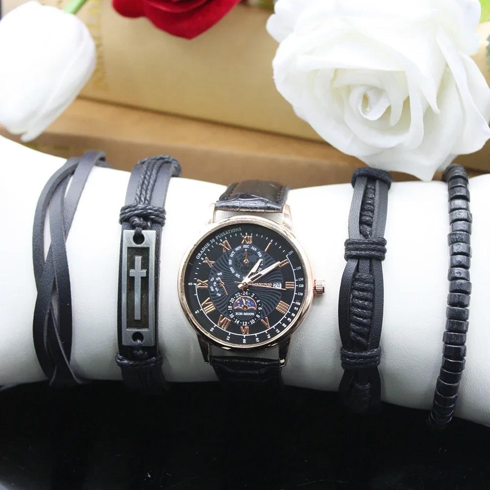 5pcs Set Fashionable New Quartz Watch Bracelet Calendar Gentlemanliness Round Dial Classic Watch for Gift Include Bracelet Box