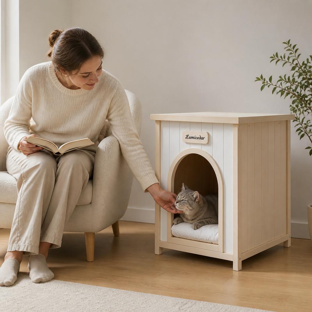Wooden Dog Crate Side Table – FSC® Solid Wood Indoor Pet House Furniture for Small Dogs & Cats, Scandinavian Style End Table