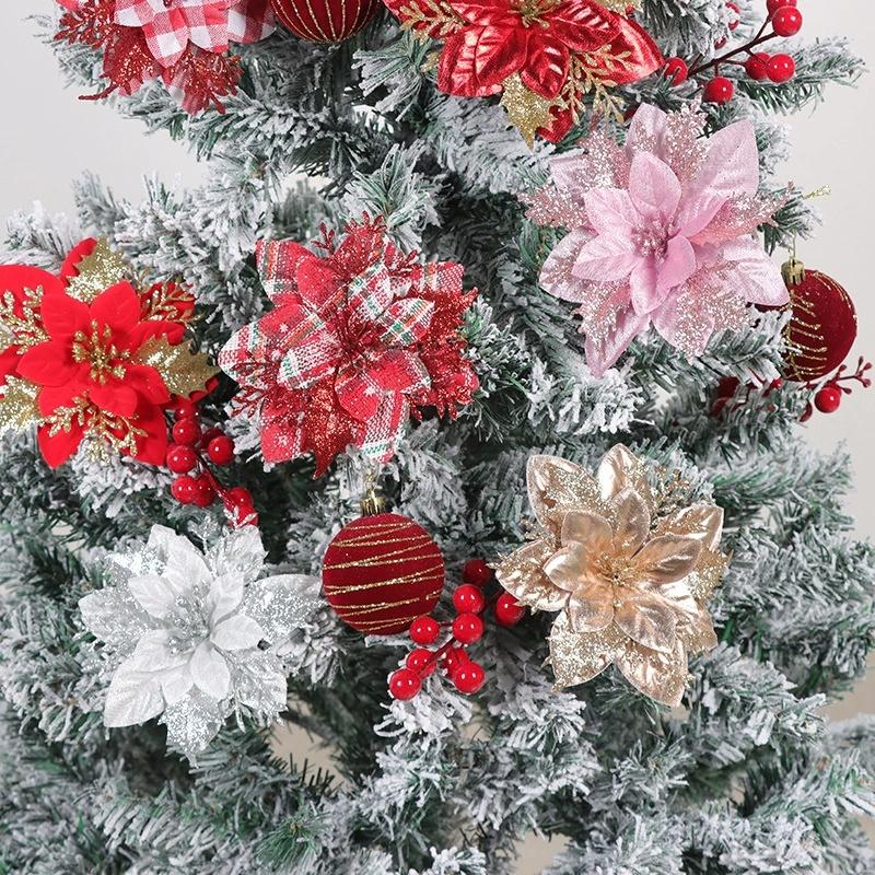 Christmas Glitter Flowers Fake Flower Christmas Tree Decorations for Home 2025 Tree Pendant Ornaments Navidad New Year 2026 Gift