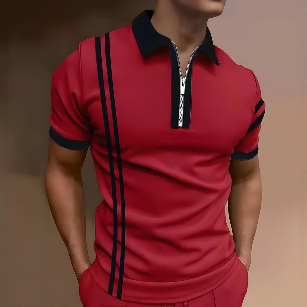 Men's Casual Striped Zipper-Collar Short-Sleeve Shirt