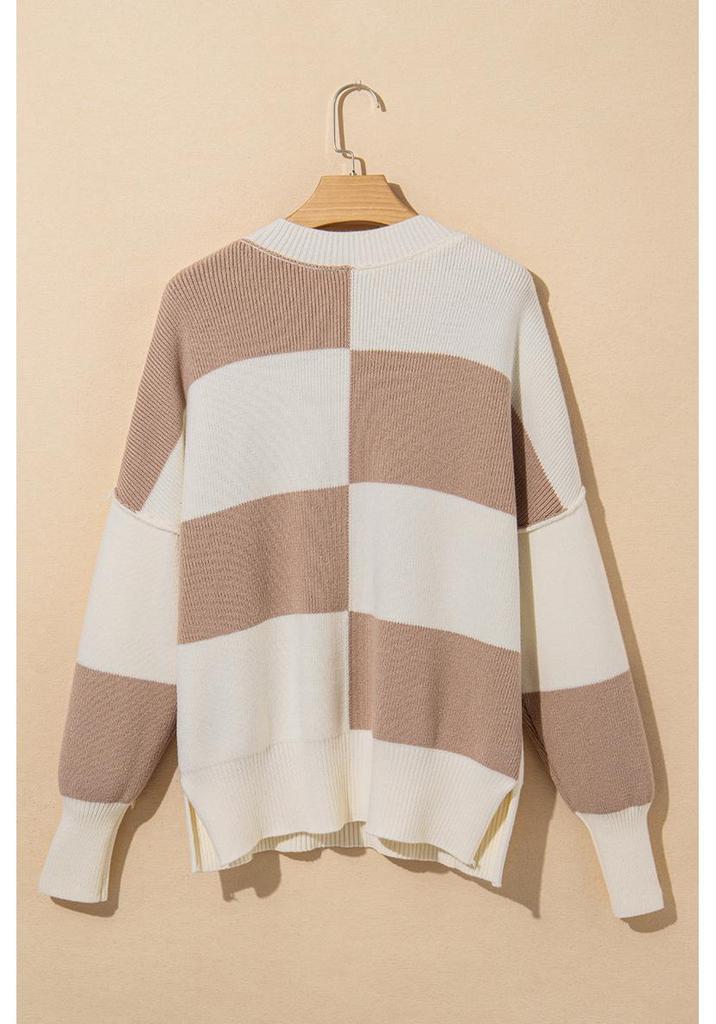 2025 Women's European & American Plaid Color Block Round Neck Sweater: Autumn/Winter Loose Drop Shoulder Knit Pullover