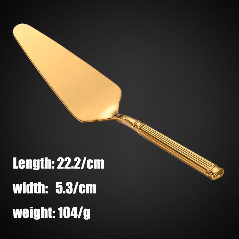 Zlaté nerezové příbory, dárkové sady pro hosty, stolní nádobí s římskou rukojetí, nože, vidličky, lžíce, špachtle na dorty, kuchyňské potřeby do restaurace