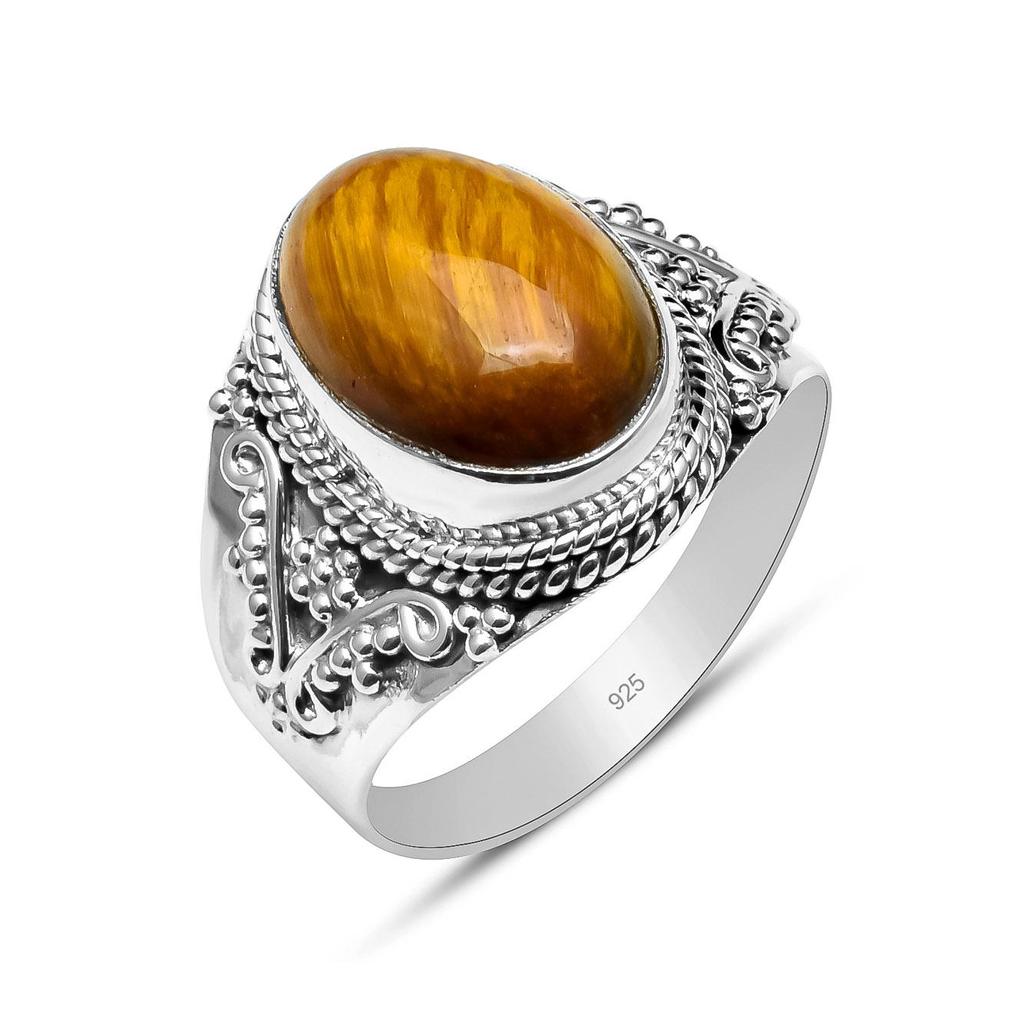 Natural Oval Shape Tiger Eye Solid 925 Sterling Silver Beaded Statement Ring For Women & Girls