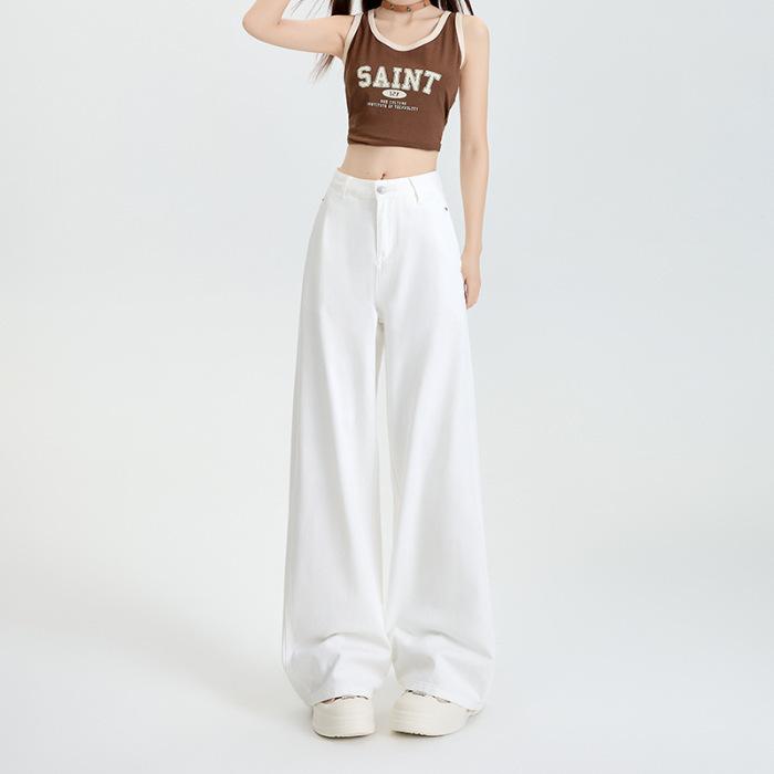 

Белые свободные дышащие прямые широкие джинсы с косым карманом для женщин на весну и лето, мягкие облегающие и чистые повседневные брюки XS