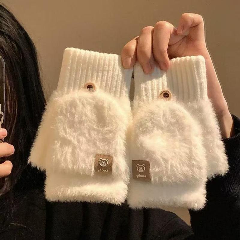 Women'S Winter Gloves Warm Plush Student Flip Top Mittens Writing Office Soft Fluffy Outdoor Thick Anti-Cold Half-Finger Gloves