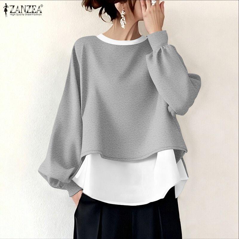 ZANZEA Women Round Neck Loose Casual Long Sleeve Pullover Tops