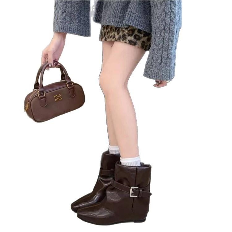 Pointed Inner Heightening Pile Boots Women's New Autumn Belt Buckle Short Boots Maillard Western Jeans Tube Boots