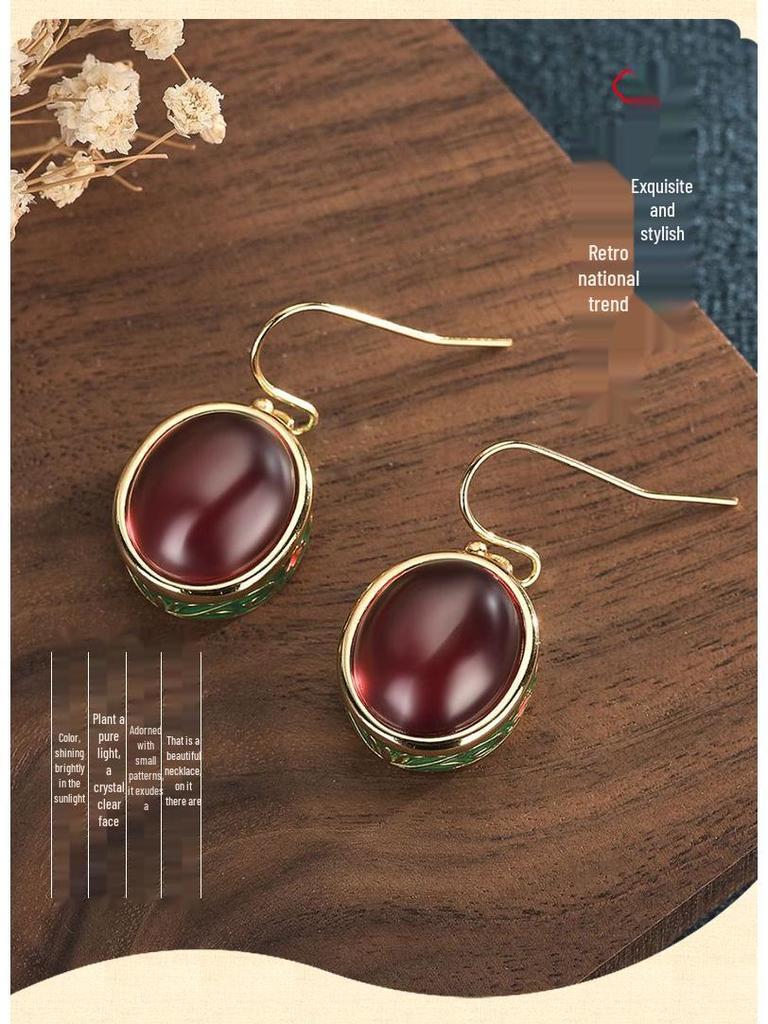 Court-Style Vintage Brass Earrings with Red Corundum Enamel Cloisonne Design