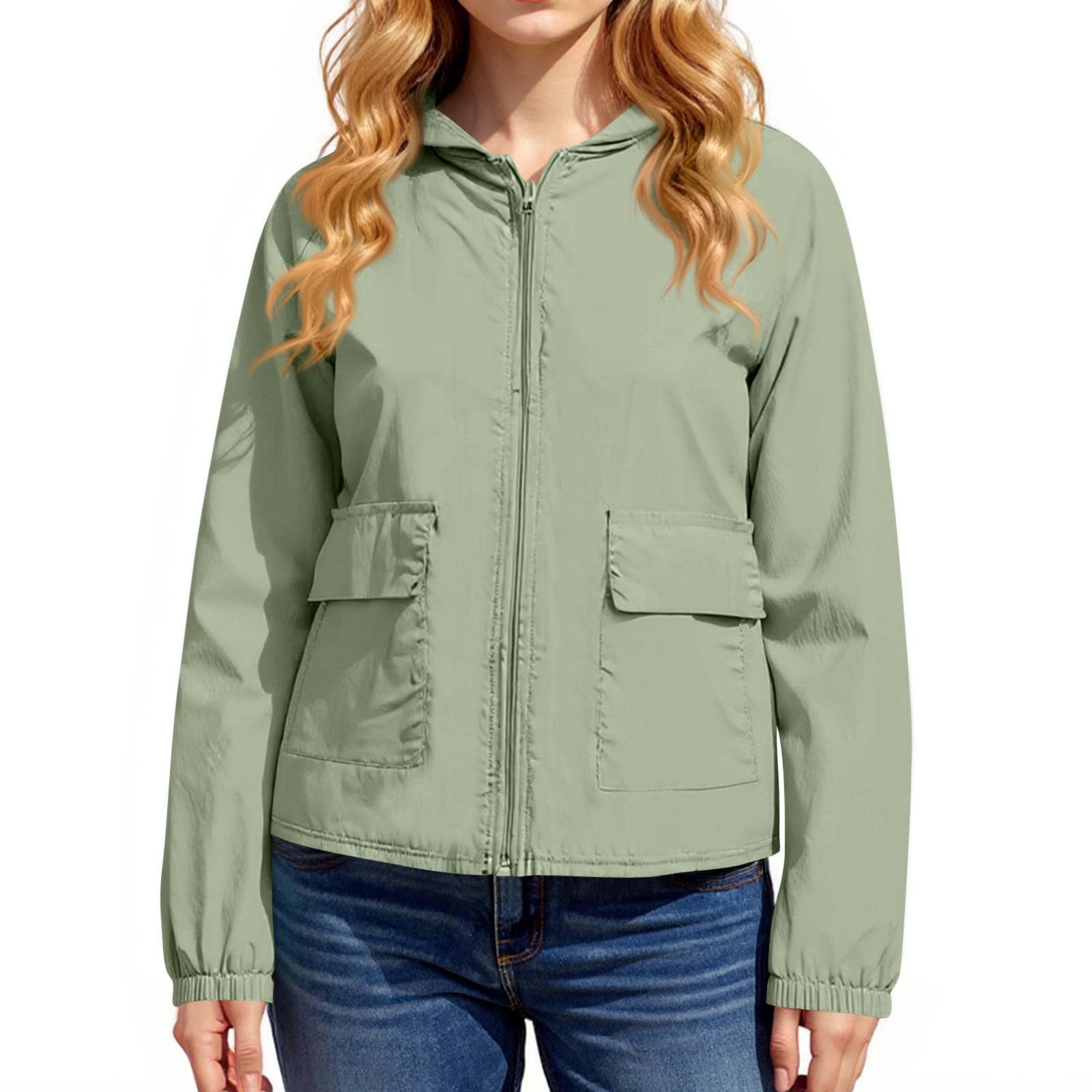 

Women s Fashion Solid Color Zipper Pocket Outdoor Sunscreen Coat XL зелений
