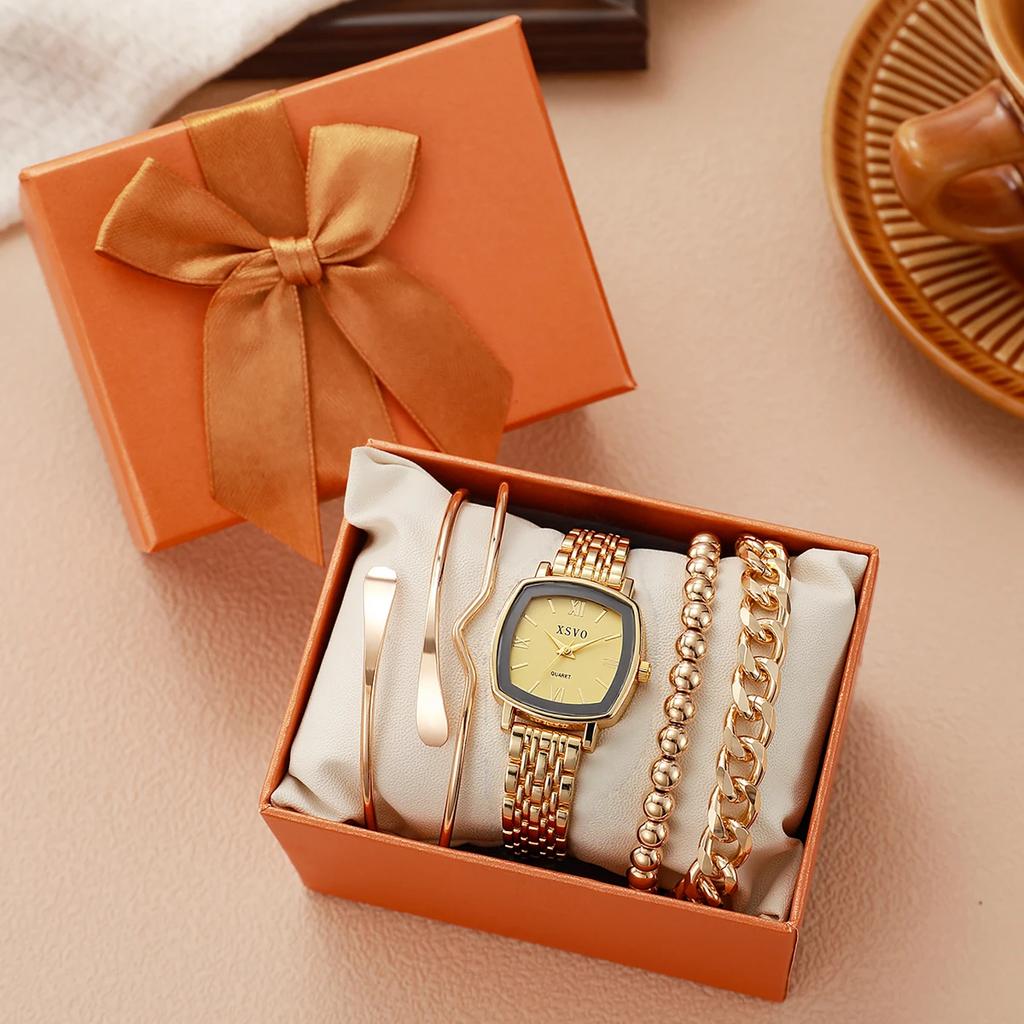 Light Luxury Fashion Square Dial Alloy Strap Roman Numerals Women's Quartz Watch Bracelet Set 5 Piece Set for Holiday Gifts