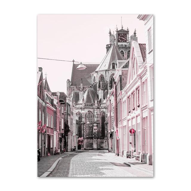 Poster de perete cu peisaj roz, imprimare pentru fată, clădire, pod, autobuz, cabină telefonică, citate, artă de perete nordică, artă decorativă, pictură pe pânză