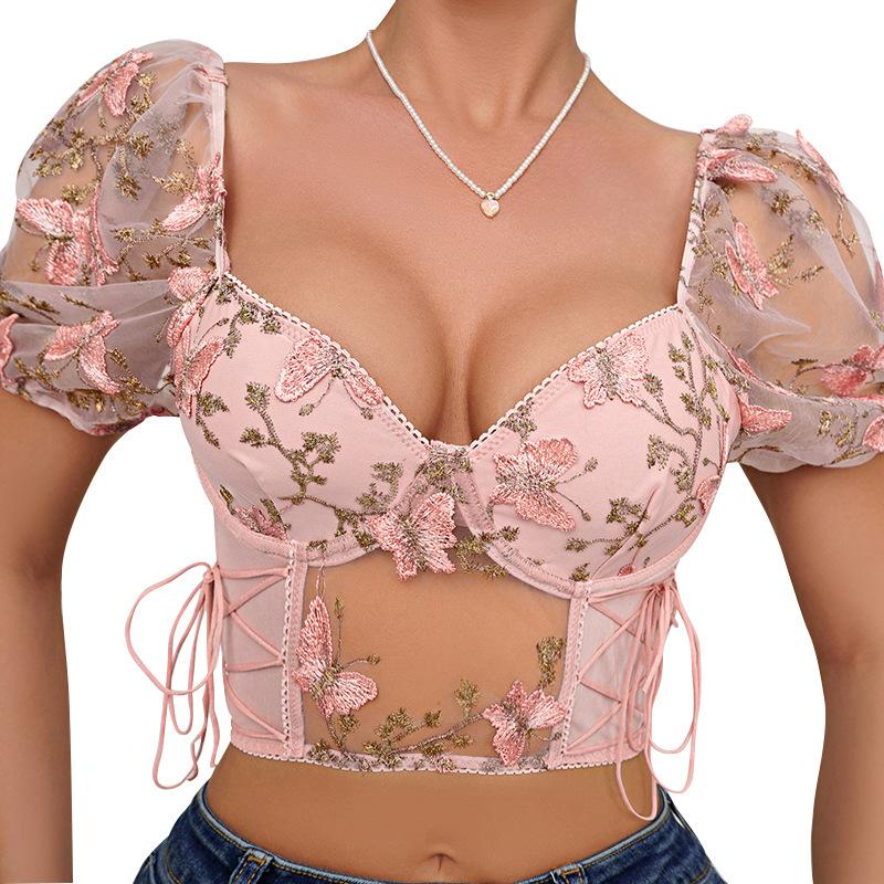 

Популярный за границей сексуальный укороченный топ с пышными рукавами и косточками, присобранный шнурком на талии, кружевная блузка S розовый