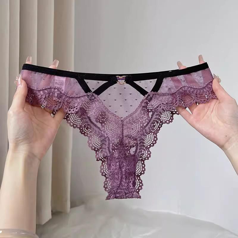 Pure & Sexy Lace Mid-Waist Thong - Seamless Thin Strap Triangle Panties for Women (80-140 Jin)