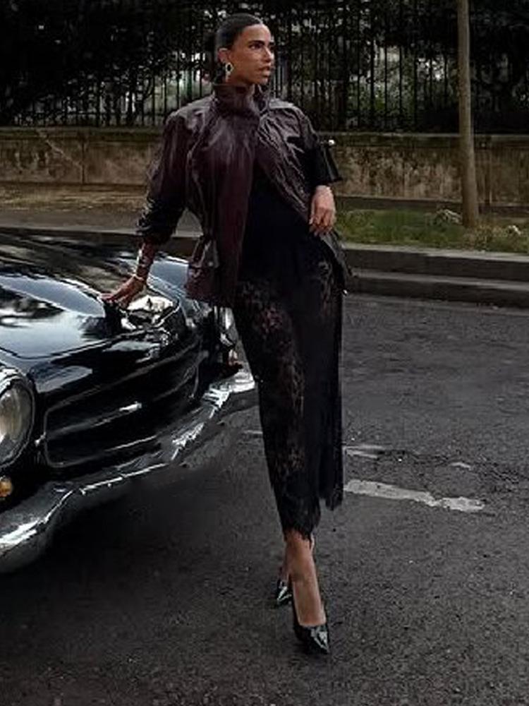 2025 Summer Women's Fashion: Versatile High Neck Long Sleeve Leather Jacket with Adjustable Waist
