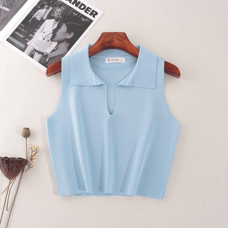 

Fashion Style Polo Collar Short Sleeveless Knitwear Outer Single Summer Silm Sexy Midriff Outfit Lapel Camisole Blue M