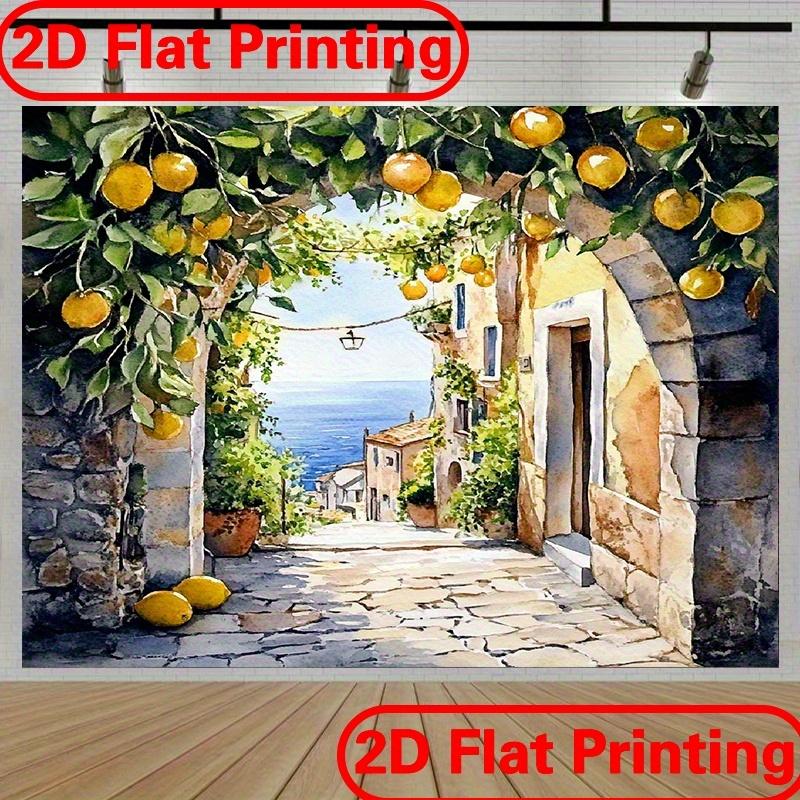 Artistic impression of Italian village watercolor style with lemon trees and arched door for living room and bedroom