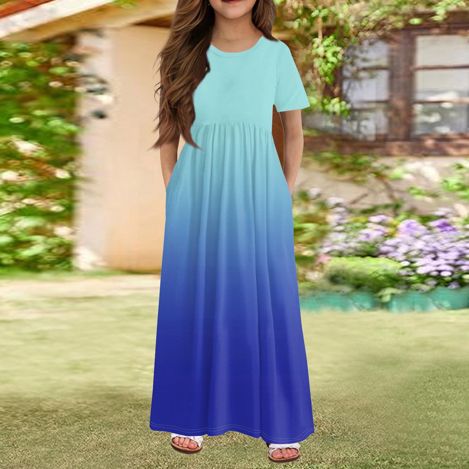 Girls Gradient Maxi Dress, Short Sleeve Casual Summer Dress with Pockets Comfortable and Stylish for Everyday Wear 140