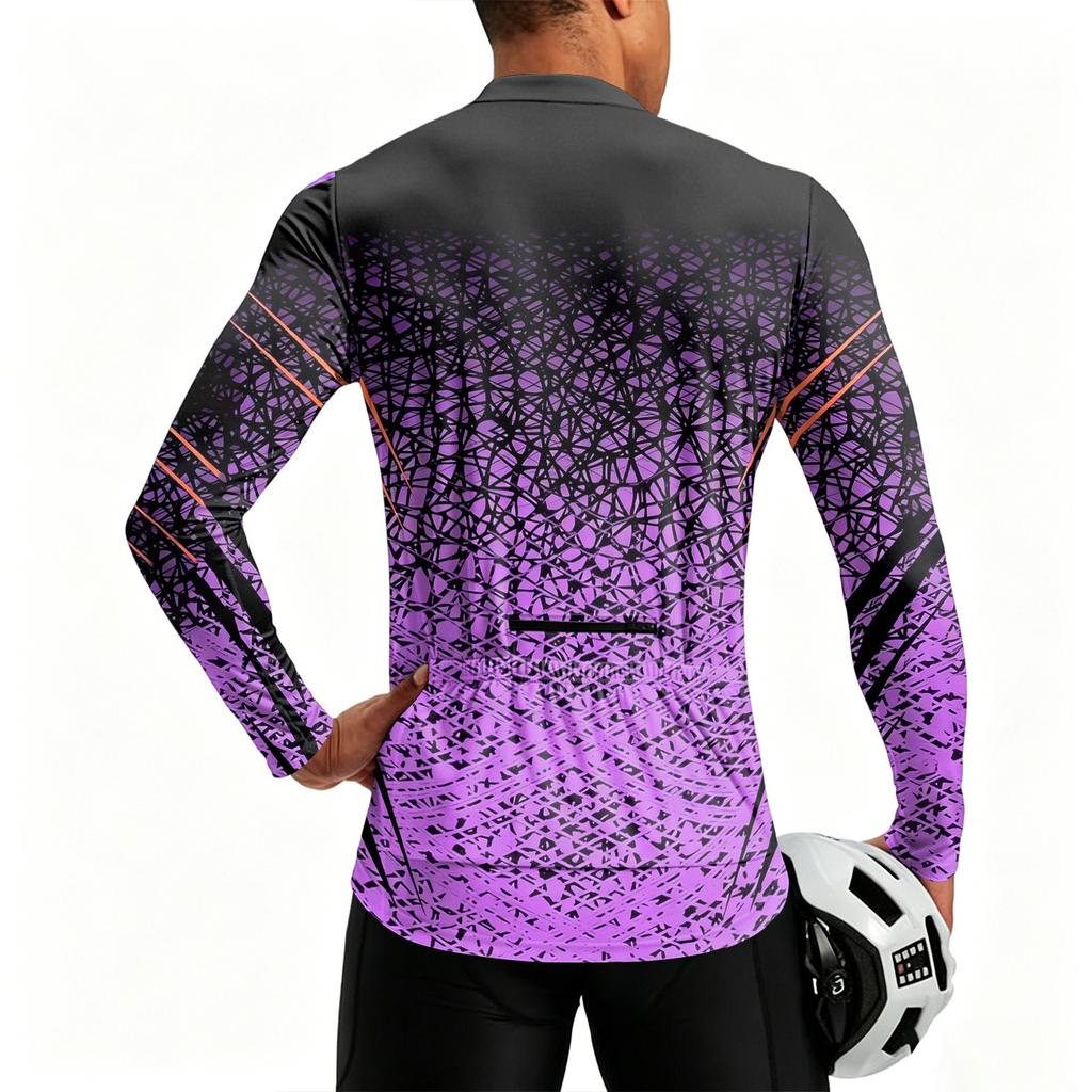 Men's Round Neck Printed Long Sleeve Cycling Jersey Breathable Quick Dry Half Zipper Sports Shirt for Outdoor Activities