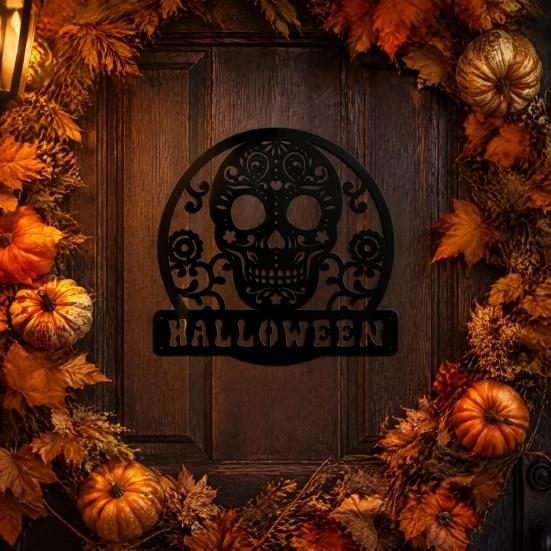 Entrance Door Ornament Skull Metal Sign, Gothic Spooky Skeleton Head Hanging Wall Vintage Style Art for Man Cave, Bar, Bedroom, Garage, Office,