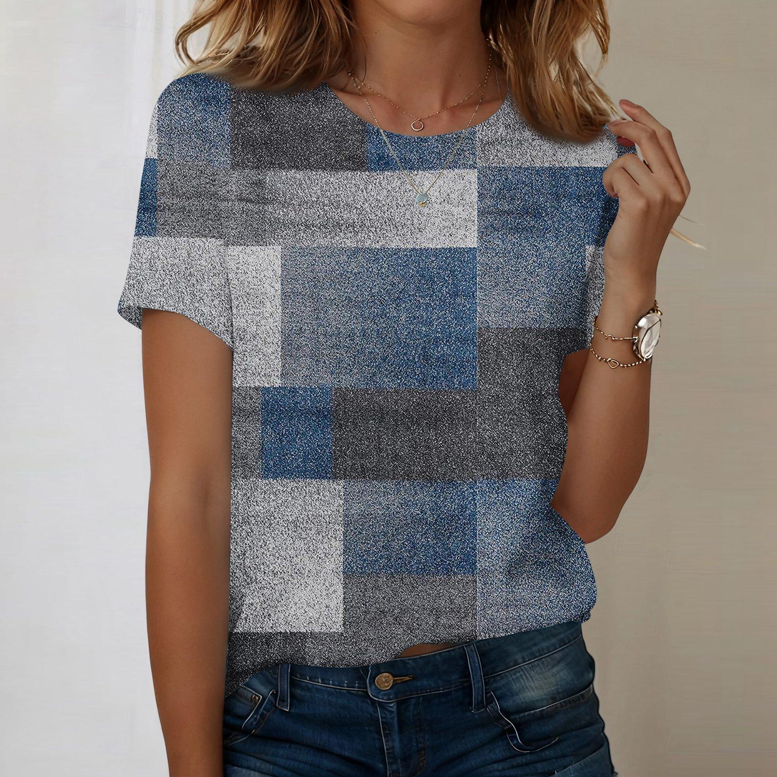 Women s Fashionable Casual Short-sleeved, Retro Printed Round-neck Top L