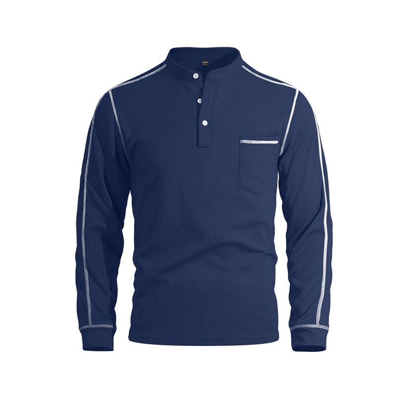 New Men's Waffle Long-sleeved Shirt with Patch-style Buttons, Henry Collar, Pocket-style Casual Outdoor Sports Men's Polo Shirt