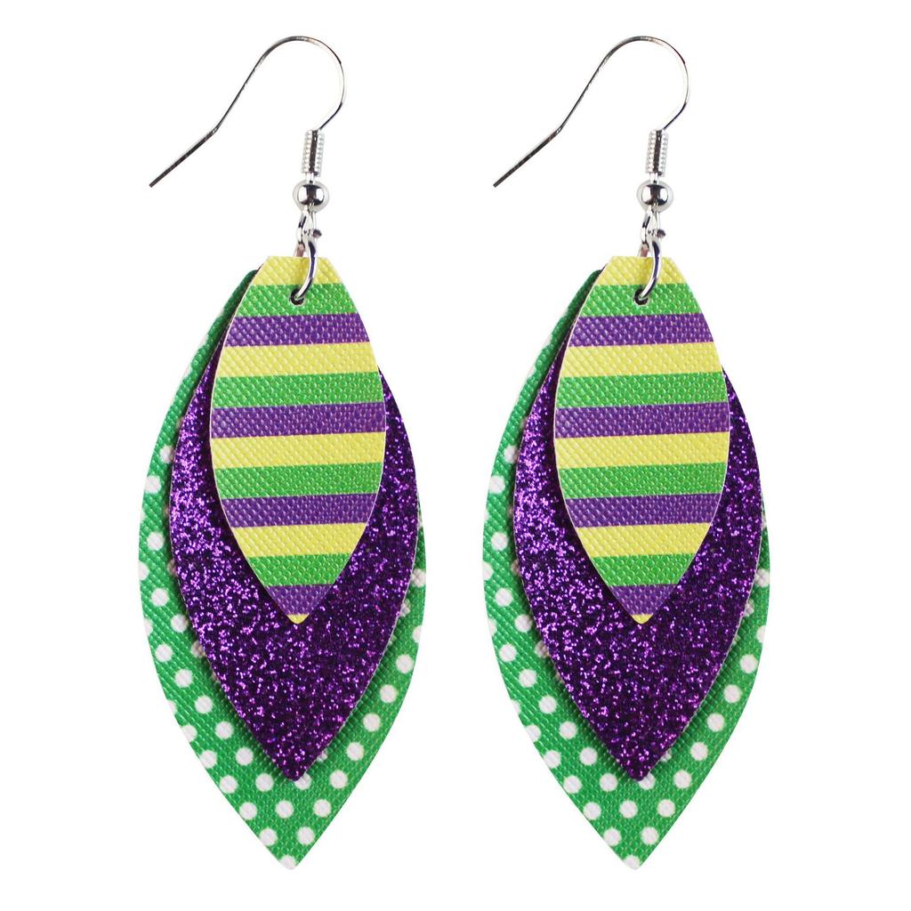 Carnival Three-Layer Leather Earrings, Cross Pattern Single-Sided Printing Scallion Powder Fine Powder Water Droplets Leaves