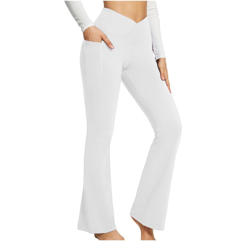 women's Cross V High Waist Flared Yoga Pants Pocket Slim Bootcut Trousers Casual Fitness Bottoms