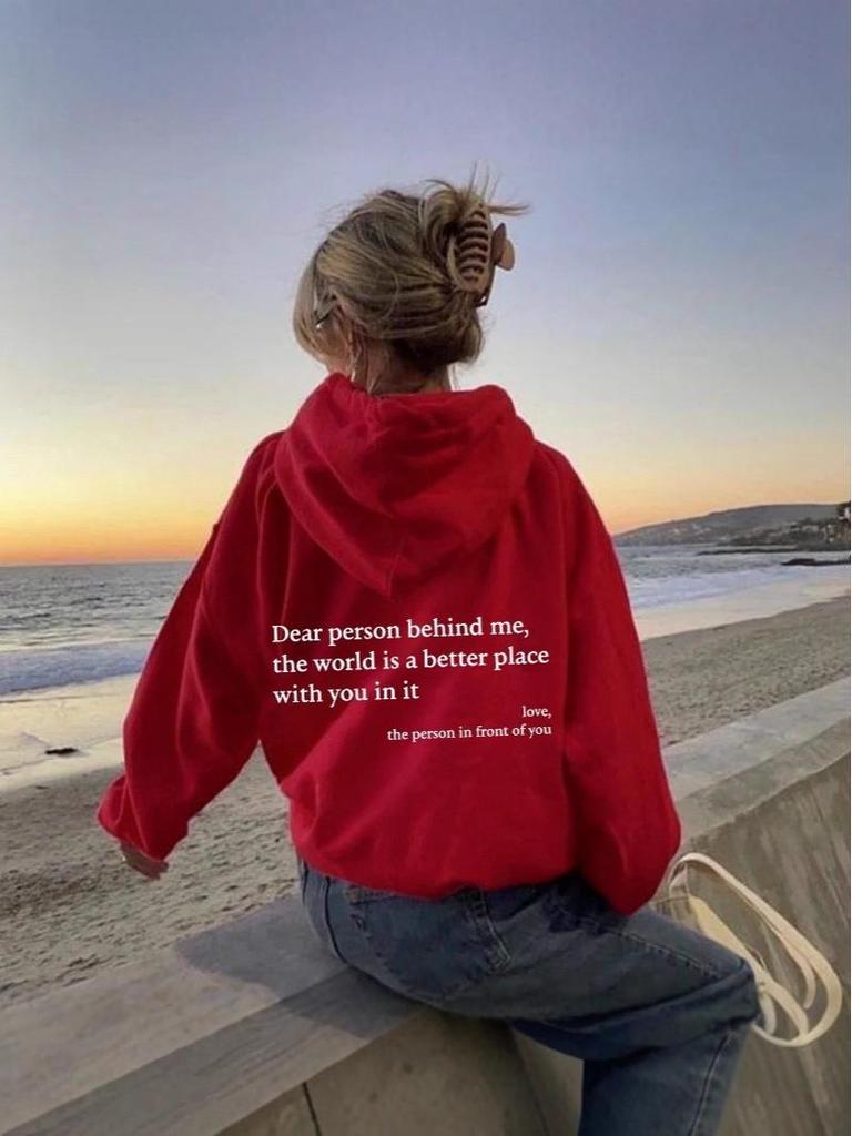 Damen Oversized Hoodie mit Fleece-Futter, Buchstaben-Slogan-Print, Kängurutasche und Kordelzug.