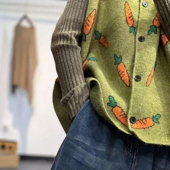 Frühling Herbst Damen Rundhals Jacquard Strickweste Locker Sitzend Ärmelloser Pullover Cardigan Tops Oberbekleidung