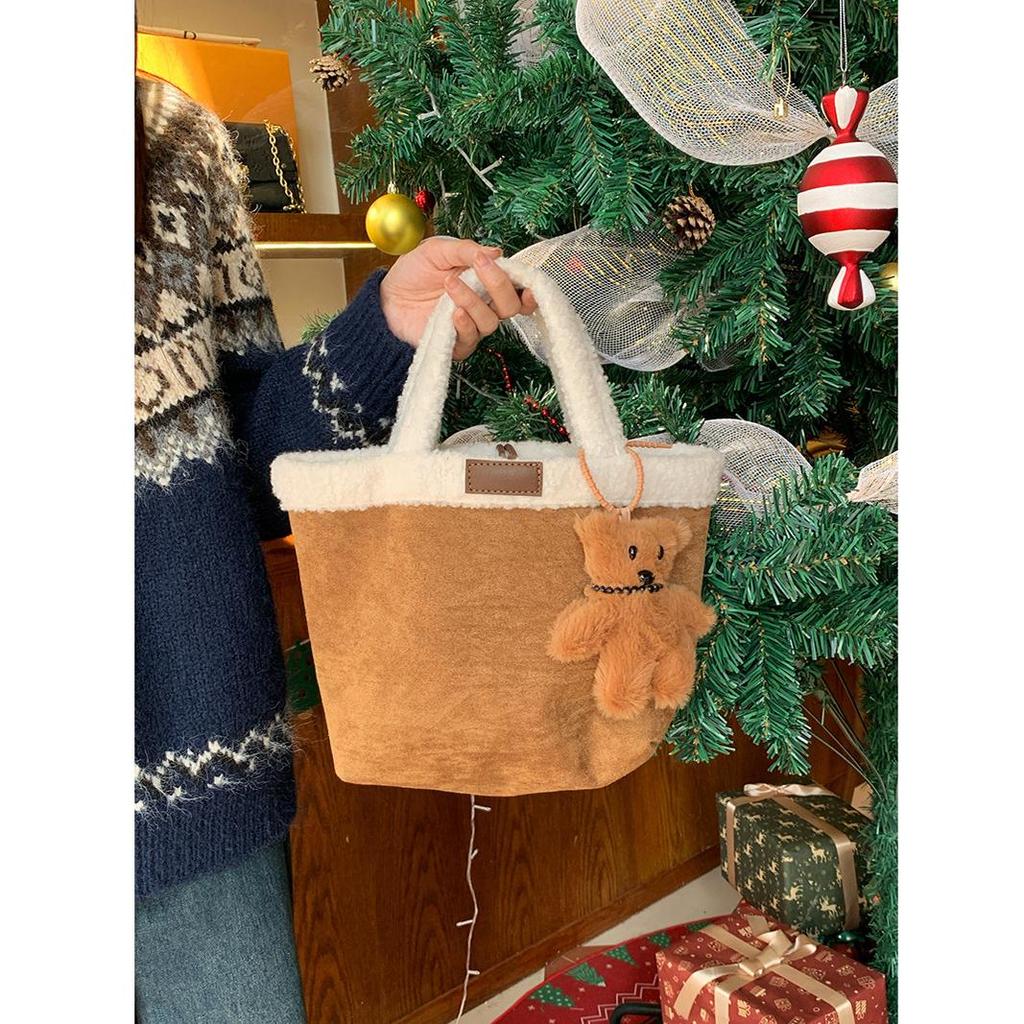 Wełniana torba typu tote z wełny jagnięcej Damska torebka Ciepła zimowa torba Damska dużej pojemności Torba podróżna Japoński styl Kreskówkowy dodatek Torby ręczne