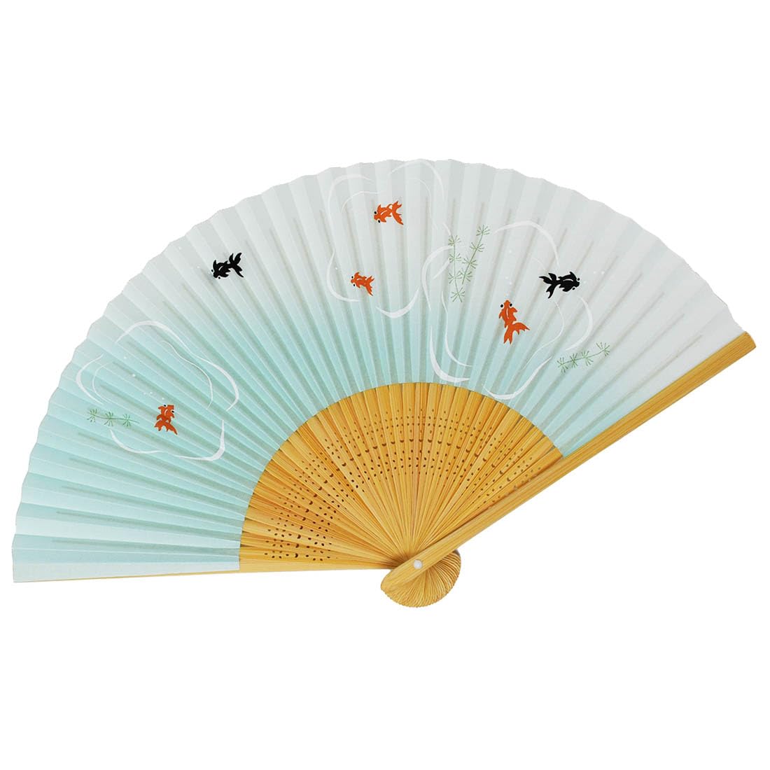 

Folding painted made in white scented fan, high-quality fan, Japan, bamboo, carved, pearlescent, goldfish, зелёный
