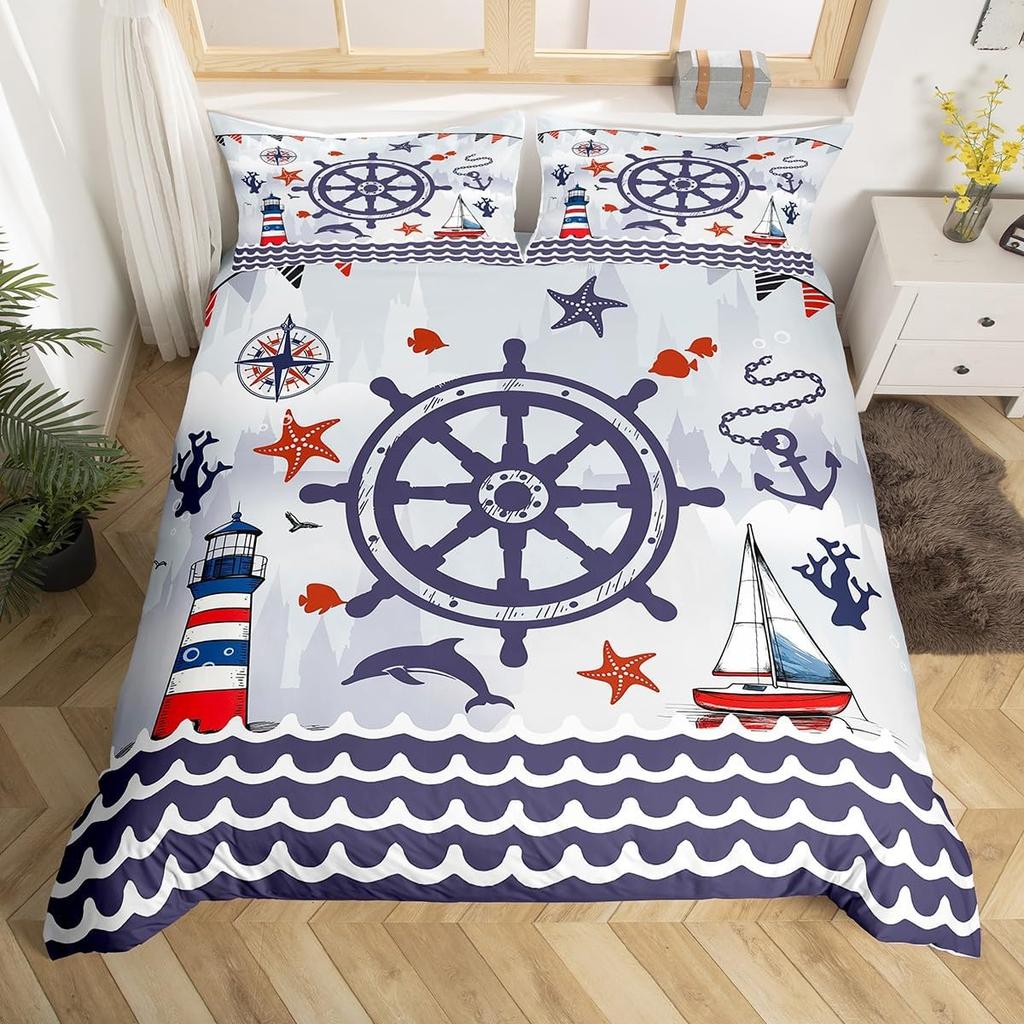 Vintage Anchor Duvet Cover Twin King, Nautical Theme Bedding Set Sailing Boat Sea Turtle Bed Cover, Compass Starfish Quilt Cover