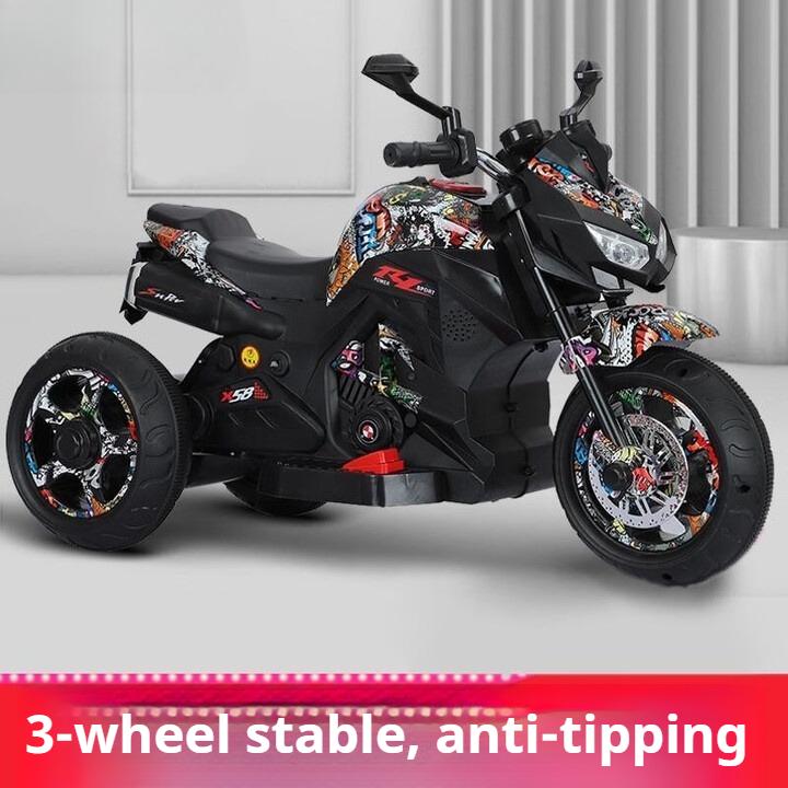 Children's electric motorcycle 1-10 years old boys and girls charging toy battery car baby three-wheeled stroller can seat people