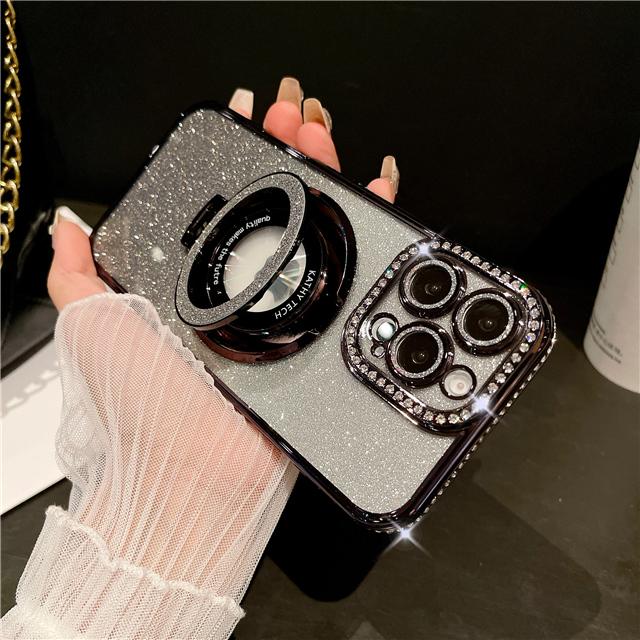 For iPhone 16 Pro Max Luxury Glitter Stand Holder Plating Flash Diamond Frame Phone Case For iPhone 11 12 13 14 15 16 Plus Cover